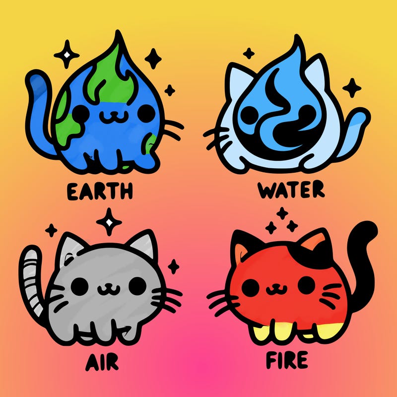 4 cats that represent the different elements, earth, water, air, and fire