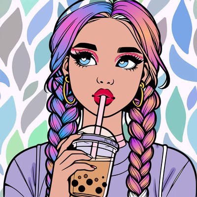 realistic girl with braided hair drinking boba