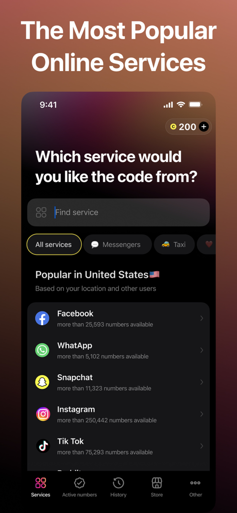 Receive SMS Online, SMS Getter - Interface do aplicativo SMS Getter mostrando uma lista de serviços populares como Facebook e WhatsApp para receber códigos de verificação de SMS online nos Estados Unidos