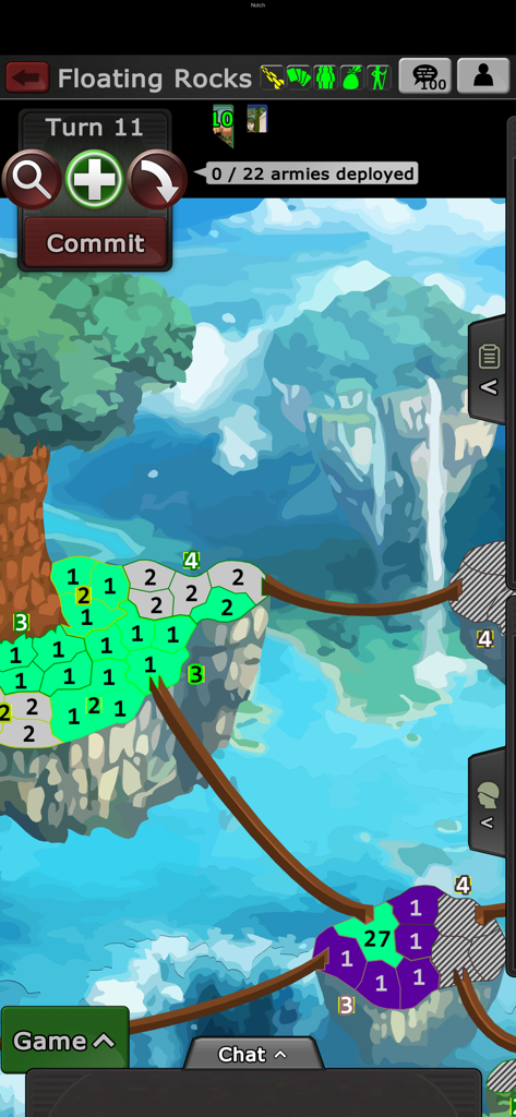 Warzone - turn based strategy - Gameplay screenshot of Warzone turn based strategy on a floating islands map showing territory control and army deployment.