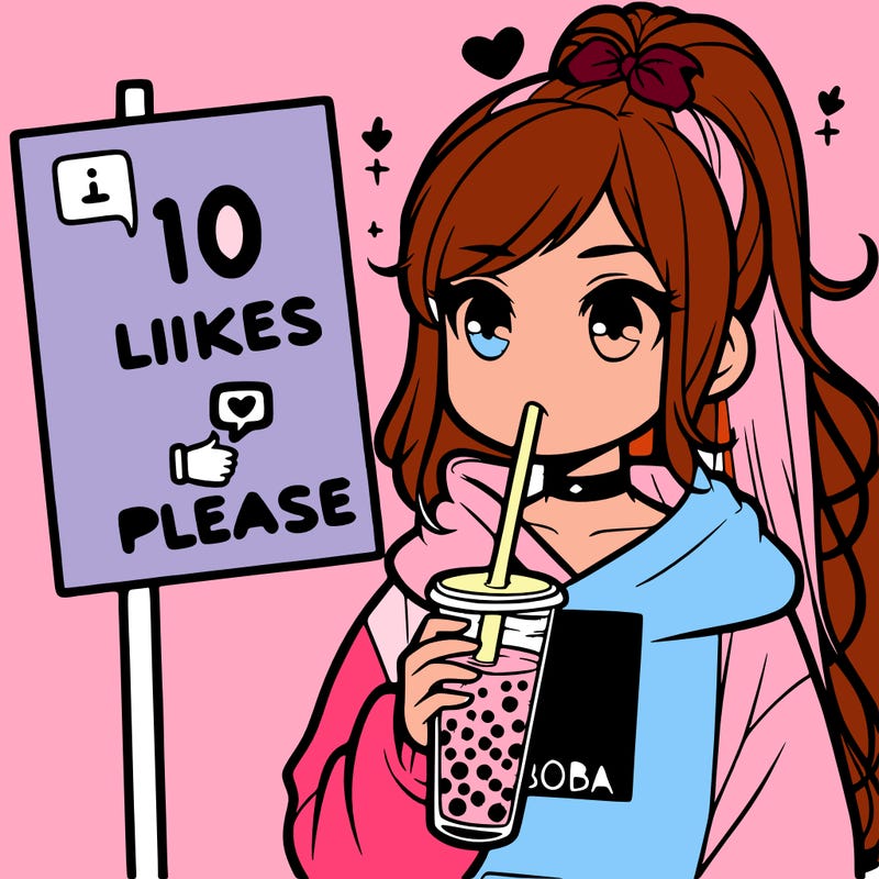 girl with a high ponytail and a hoodie drinking boba staring at a sign saying 10 likes please