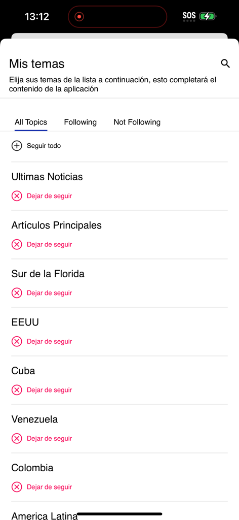 Configuración de temas de noticias personalizadas en la aplicación móvil de El Nuevo Herald que muestra categorías como el sur de Florida, Cuba y Venezuela.