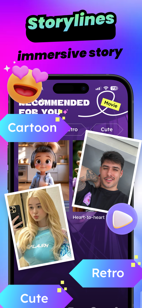 Coschat - Adult Hot Chat - Captura de tela do aplicativo Coschat mostrando personagens de IA recomendados e categorias de histórias imersivas como cartoon e retro.