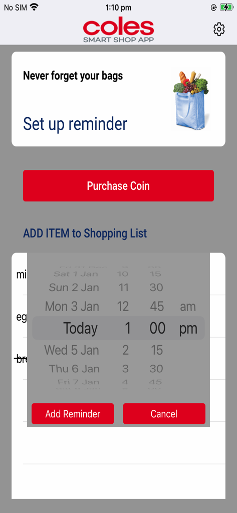 Coles sMart Shop - Coles sMart Shop app screen showing the shopping list feature and a time picker for bag reminders