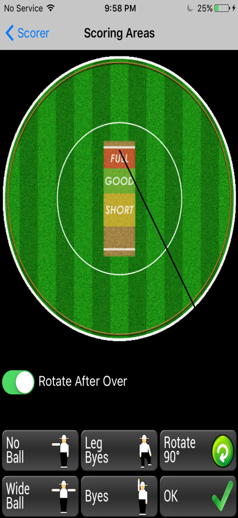 WebCricket app interface showing cricket scoring areas pitch map and match control buttons