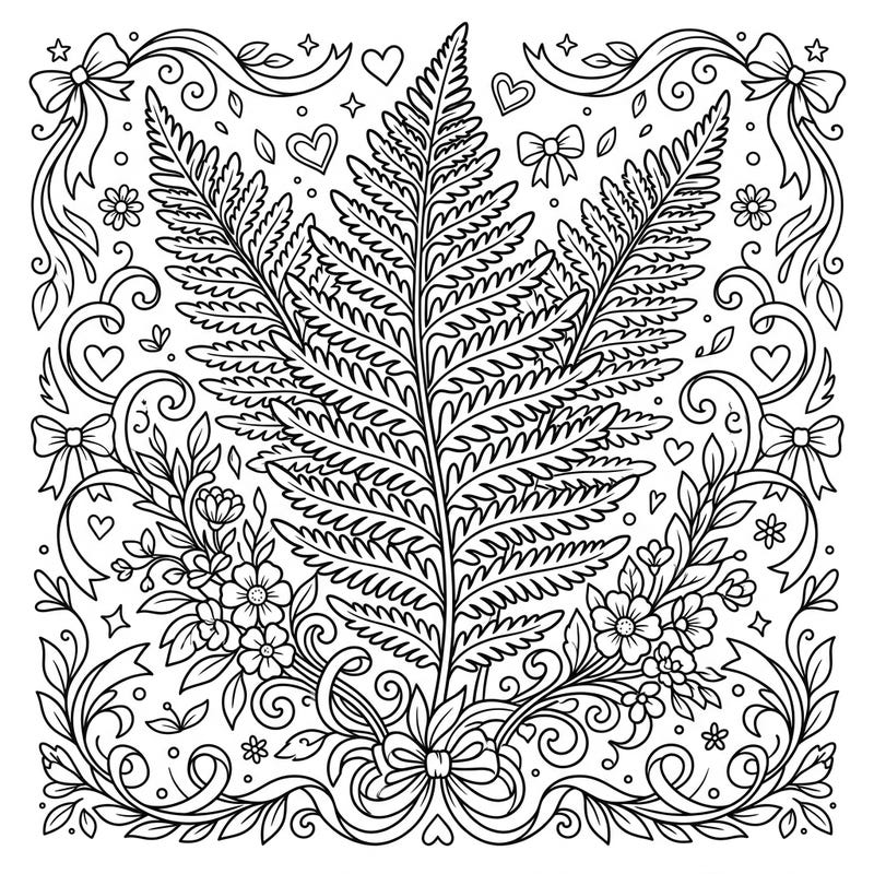This exquisite Mother's Day coloring page features a majestic royal fern at its heart, surrounded by delicate floral arrangements and sweet bows. It's the perfect way to show appreciation with a personalized, hand-colored gift for Mom.