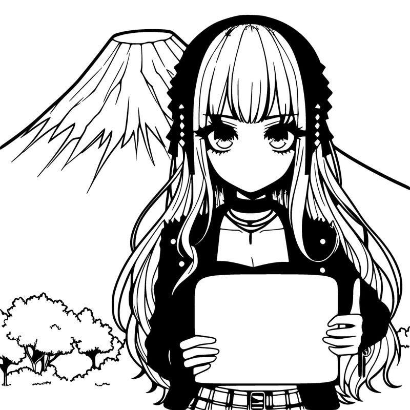 one edgy,  gothic anime girl holding a blank sign.  mt. fuji behind her