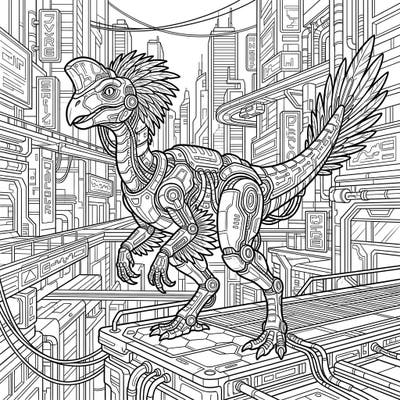 Embark on an epic coloring adventure with this stunning Cyberpunk Oviraptor. This unique fusion of prehistoric dinosaur and futuristic tech offers endless creative possibilities.