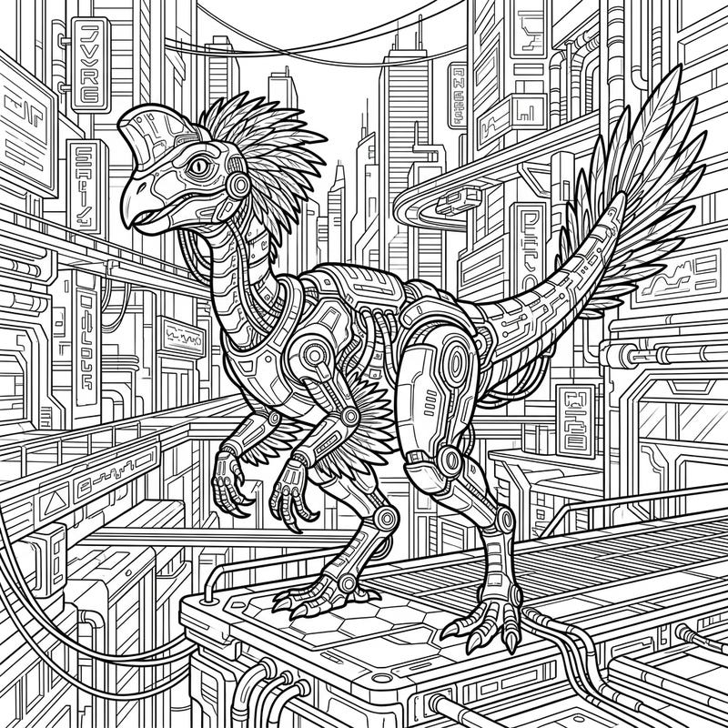 Embark on an epic coloring adventure with this stunning Cyberpunk Oviraptor. This unique fusion of prehistoric dinosaur and futuristic tech offers endless creative possibilities.