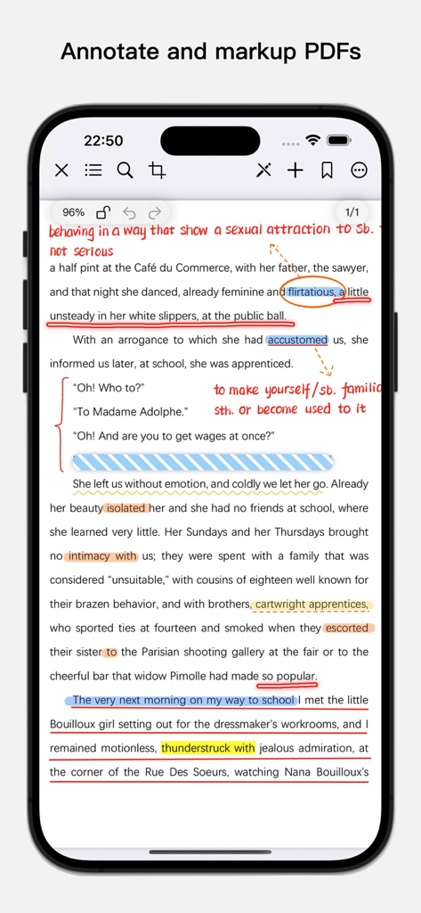 BoardNotes: Notes&PDF&Mindmap - iPhone screen showing a PDF document with colorful highlights, underlines, and handwritten annotations in the BoardNotes app