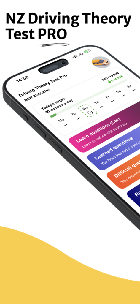 NZ Driving Theory Test PRO - Dashboard da aplicação NZ Driving Theory Test PRO mostrando o objetivo de estudo diário e as categorias de questões práticas