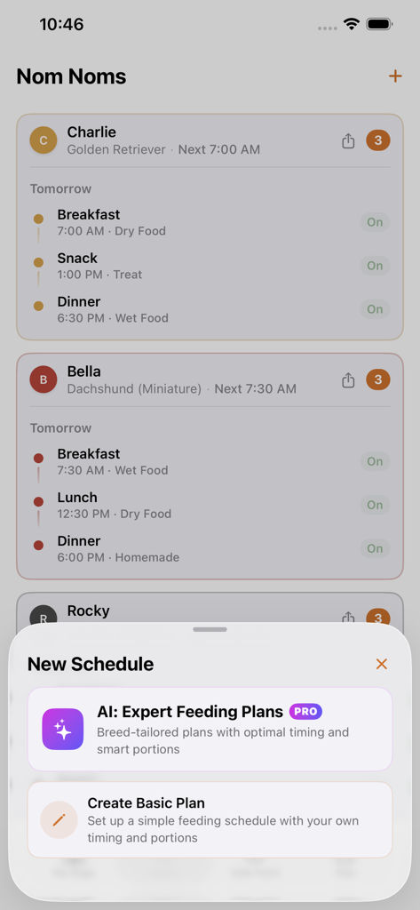 Mobile app interface displaying feeding schedules for multiple dogs and an AI expert meal planning option.