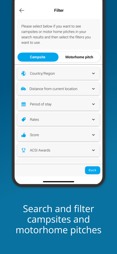 Search and filter interface for campsites and motorhome pitches in the CampingCard ACSI app