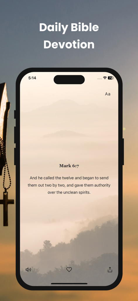 Smartphone screen displaying a daily Bible verse from Mark 6:7 with a serene misty mountain background.
