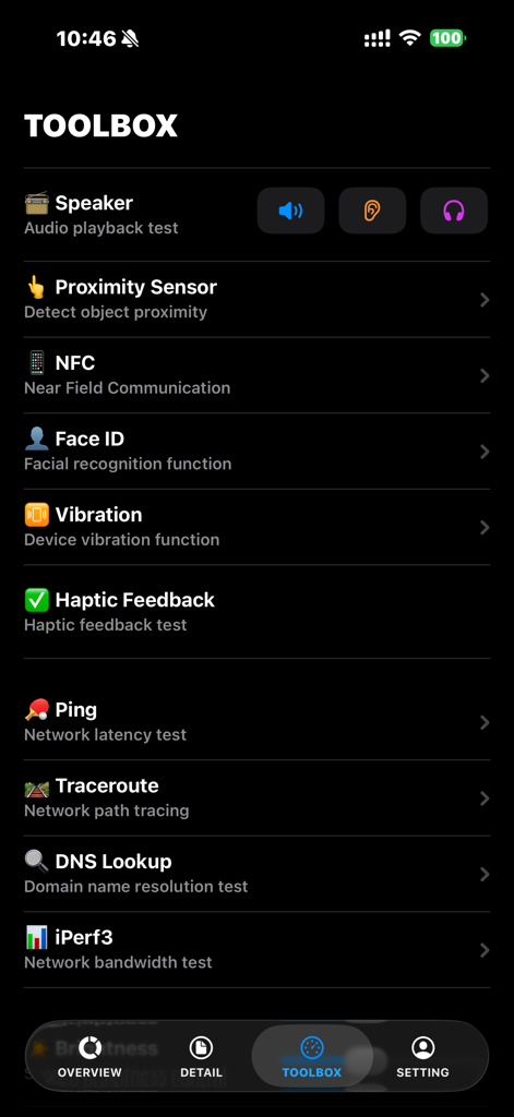 CPU-X - CPU-X toolbox interface showing diagnostic tests for speaker proximity sensor Face ID and network