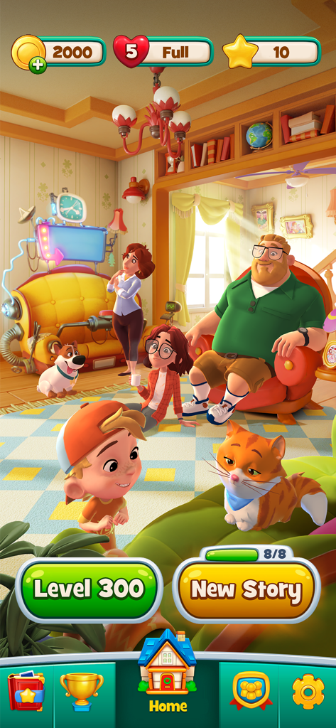 Time Blast: Puzzle Game - Main menu of Time Blast: Puzzle Game showing the Timesmith family in their living room with level 300 and new story buttons.