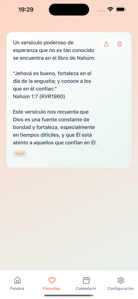 Versículos Diarios Cristianos - Seccion de versiculos favoritos en la aplicacion Versiculos Diarios Cristianos mostrando un versiculo de Nahum