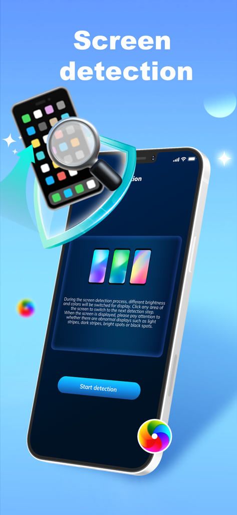 Daily Cleaner - Interface of Daily Cleaner app showing the Screen Detection feature to identify display abnormalities on an iPhone