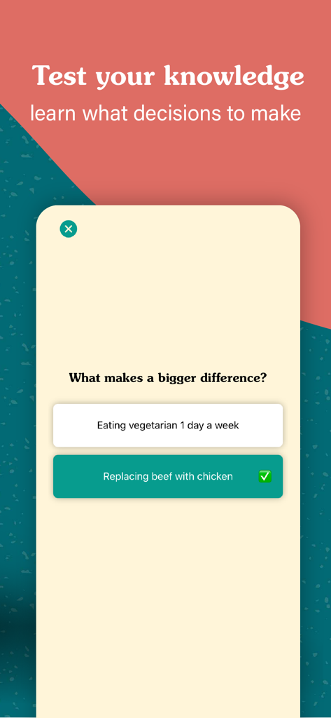 A quiz screen in the Fork Ranger app asking about the environmental impact of food choices