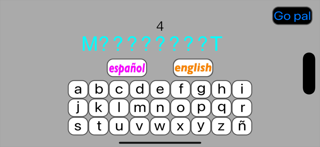 Gameplay screen of the Letra word guessing game with a hidden word and a letter keyboard.