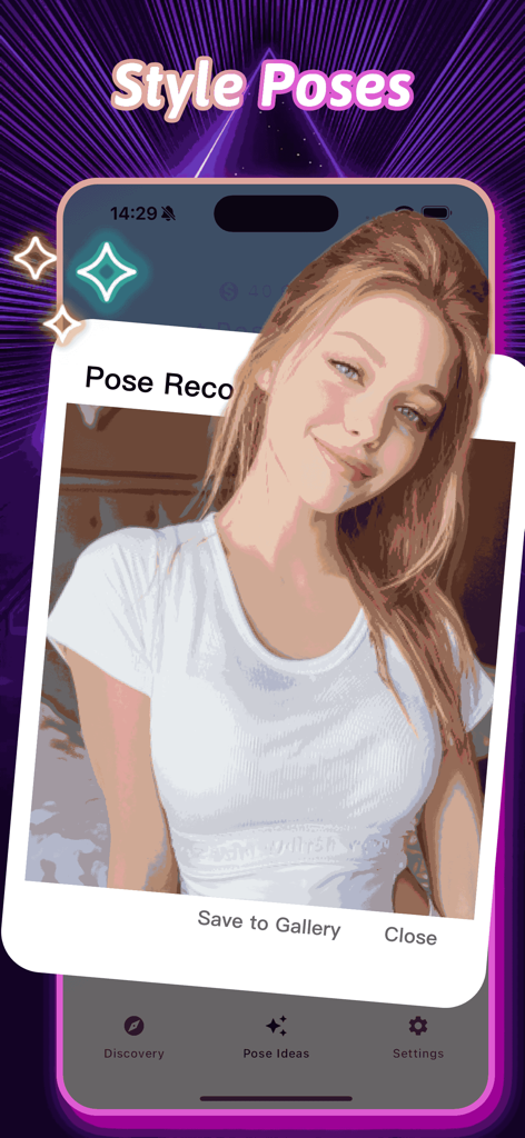 Kyler app interface showing a photography pose recommendation for a smiling woman