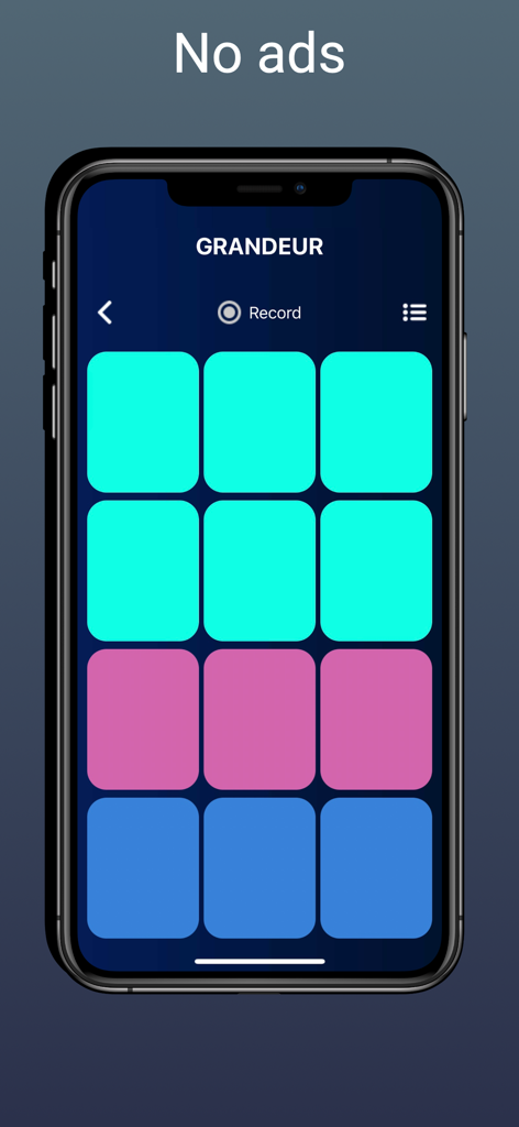 DJ Music Producer - Groove Pad - Display de smartphone mostrando os coloridos pads de batida do aplicativo DJ Music Producer sem texto de anúncios.