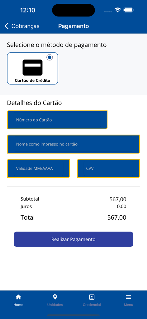 Schermata di pagamento con carta di credito dell'app SESC PE che mostra i campi di inserimento per i dettagli della carta e un importo totale di 567,00