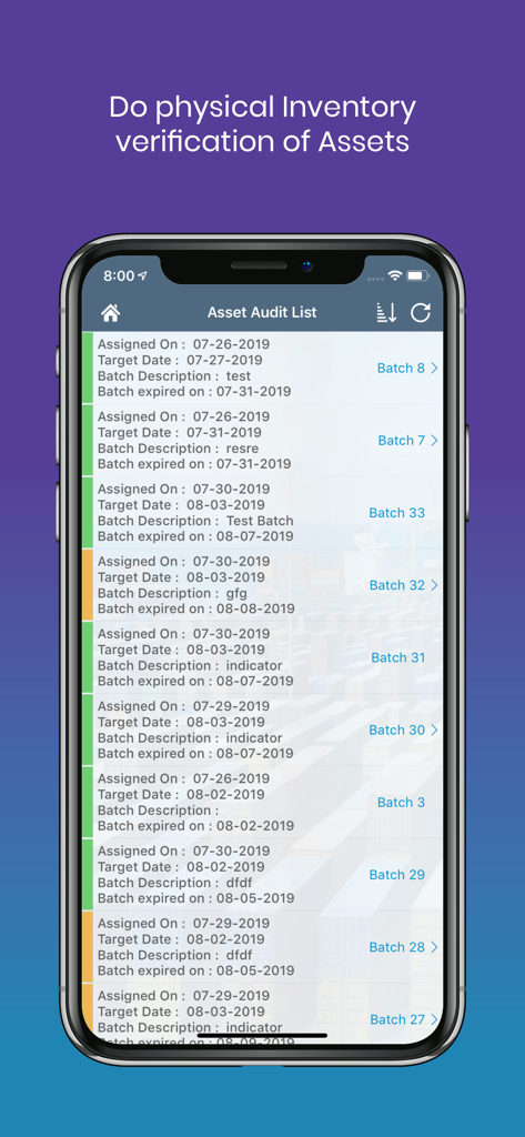 A mobile interface of the mAssetTag app showing an Asset Audit List with multiple batches for physical inventory verification.