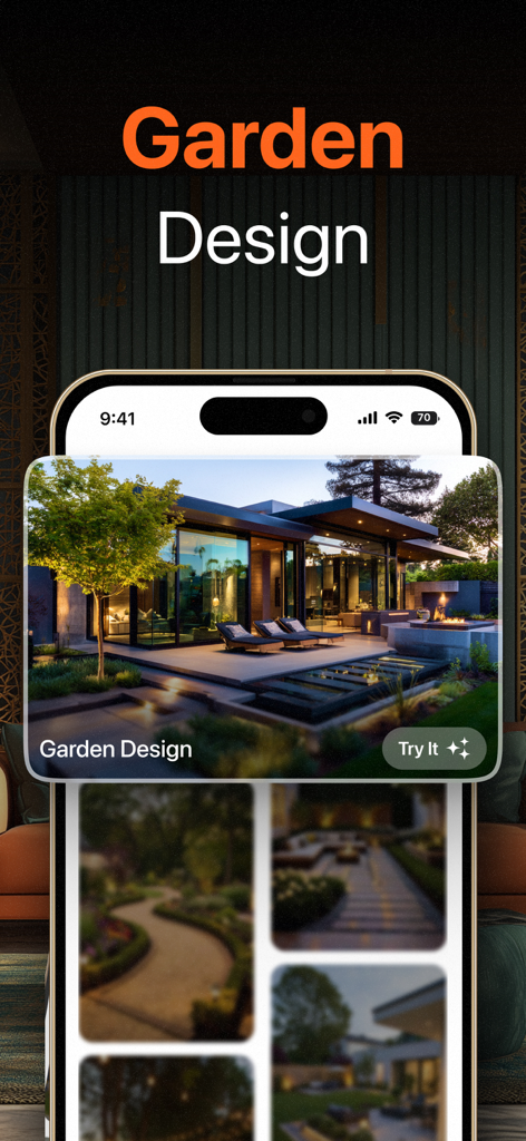 Homely AI app screen showing a modern luxury garden design visualization with a patio and fire pit