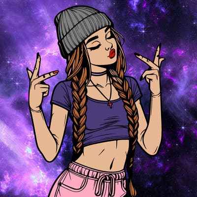 realistic teenage girl with braids and a beanie and crop top doing 🫶🏼