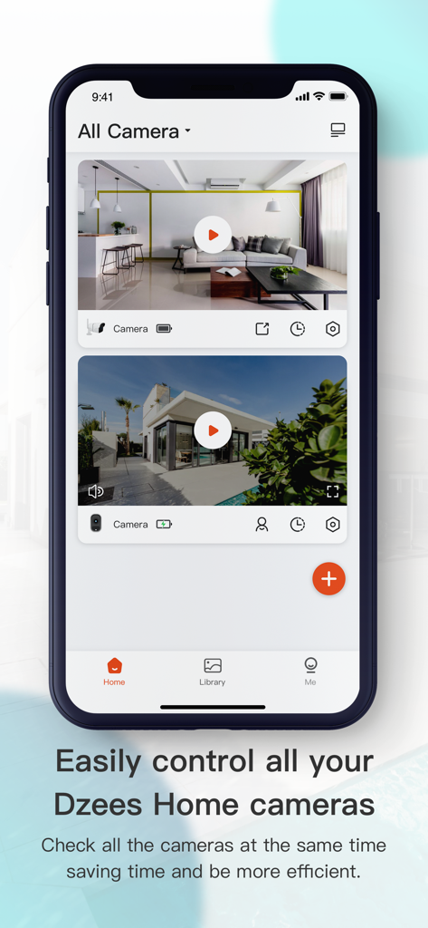 Interface de l'application Dzees Home sur un smartphone montrant les flux en direct des caméras de sécurité intérieure et extérieure.