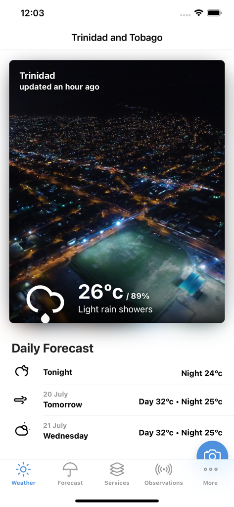 TT Met Office - Trinidad and Tobago weather app showing current temperature and daily forecast.