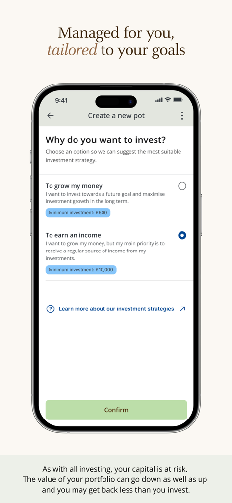 J.P. Morgan Personal Investing - 「資産を増やす」か「収入を得る」かを選択するJPモルガンのアプリ・インターフェース