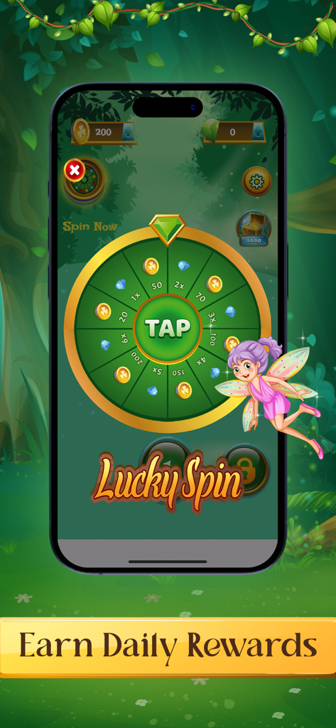 Tile Match Master Game - Roue de la Fortune dans Tile Match Master Game avec un personnage de fée et des récompenses quotidiennes