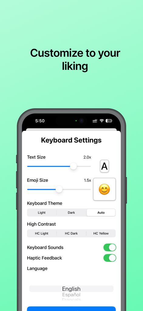 The Big Keyboard - The Big Keyboard app settings screen for adjusting text size and high contrast themes