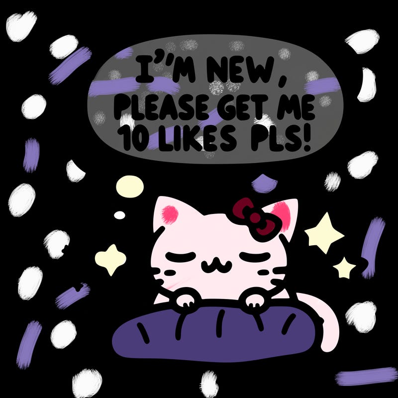 kitty taking a nap dream talking and saying "i'm new, please get me at least 10 likes pls!!"