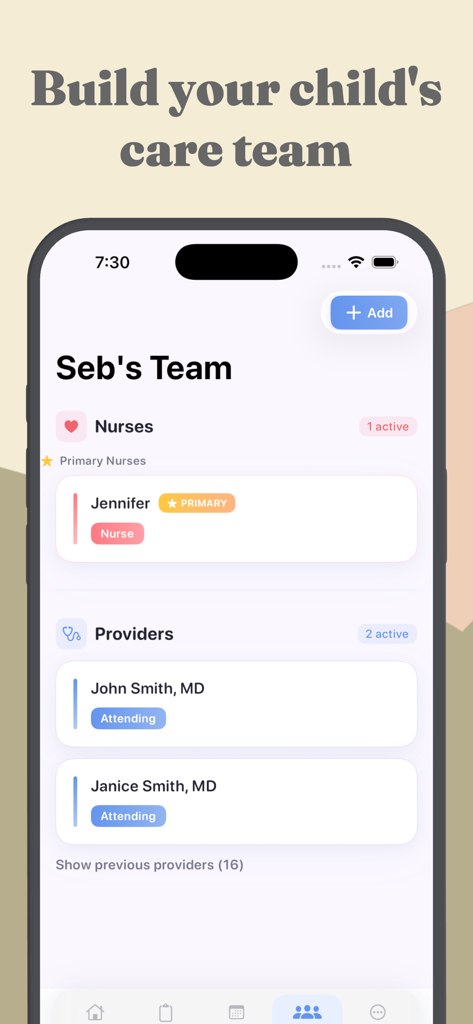Roo: A NICU Companion App - Una pantalla en la aplicación Roo titulada El Equipo de Seba que muestra una lista de enfermeras y proveedores médicos asignados a un niño en la UCIN.
