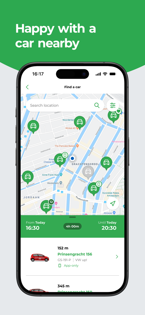 Greenwheels - Car sharing - Greenwheels car sharing mobile app interface showing a map of available cars for rent in Amsterdam