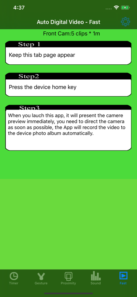 Auto Digital Video - Screenshot of the Fast tab in the Auto Digital Video app showing three steps for setting up automatic video recording.