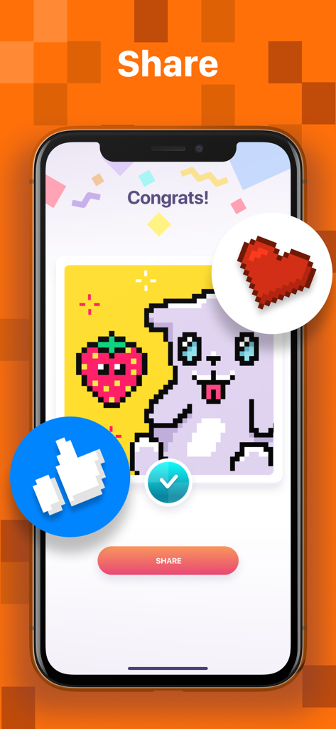 Ein fertiges Pixelkunstbild eines Bären und einer Erdbeere auf einem Glückwunsch-Bildschirm mit einem Daumen hoch und einem Herzsymbol.