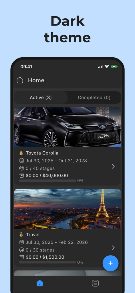 Savings Tracker: My Piggy Bank - Savings Tracker app interface in dark theme with visual savings goals for a car and travel.