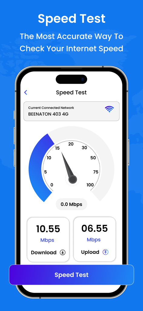 Wifi Password Router Admin Set - Interfaccia di un'app mobile per un test di velocità Wi-Fi che mostra velocità di download e upload in Mbps