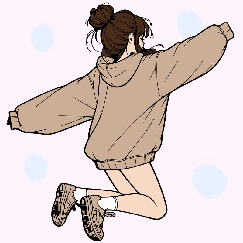 realistic girl jumping with a bun and oversized sweatshirt