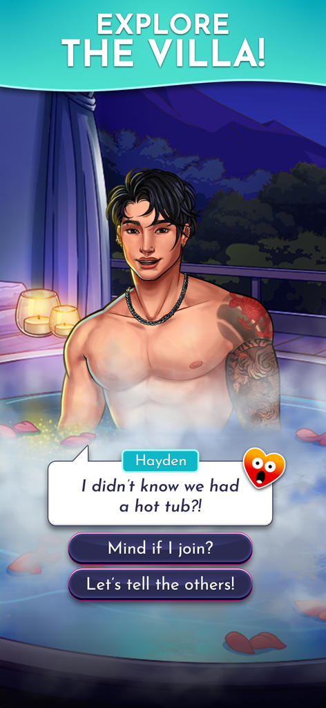 Love Island: The Game - Um personagem masculino chamado Hayden em uma banheira com escolhas de história interativas no jogo para celular Love Island