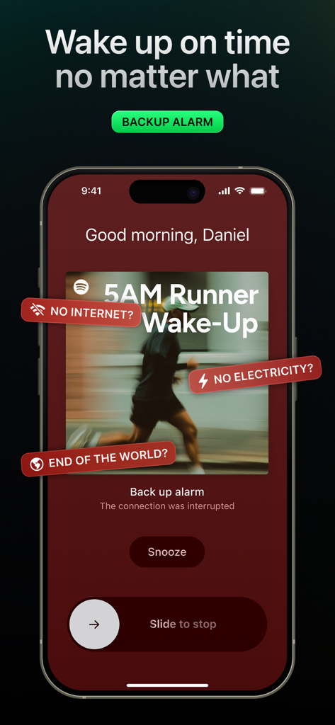 Spotify音楽による信頼性の高い目覚ましコールを可能にするバックアップアラーム機能を表示するAlarmifyアプリのスクリーンショット。