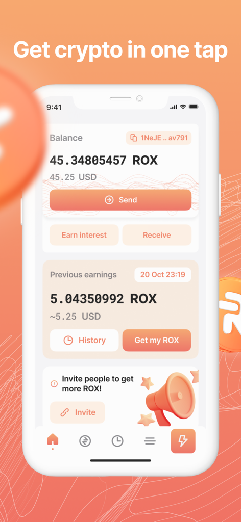 Robox Network - Earn Crypto - Mobile app screen showing ROX token balance and one tap crypto earning interface
