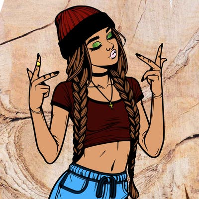 realistic teenage girl with braids and a beanie and crop top doing 🫶🏼