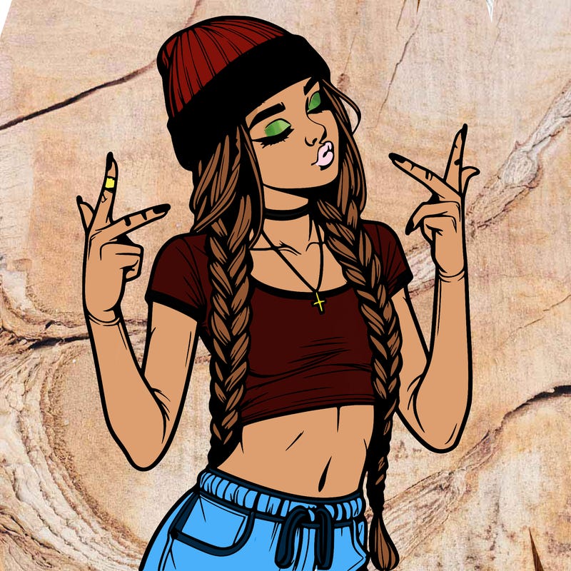 realistic teenage girl with braids and a beanie and crop top doing 🫶🏼