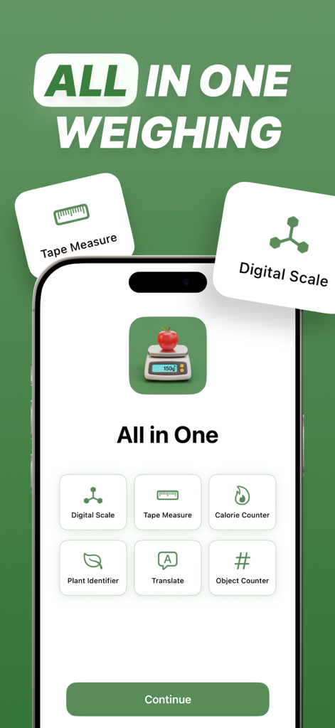 Scale For Grams: Weighing AI - Screenshot of Scale For Grams app showing all-in-one weighing and utility tools on an iPhone