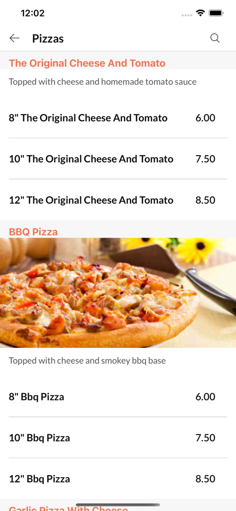 Pizza Giorgio - Pizza Giorgio app interface displaying a menu with BBQ pizza options, images, and pricing for different sizes.